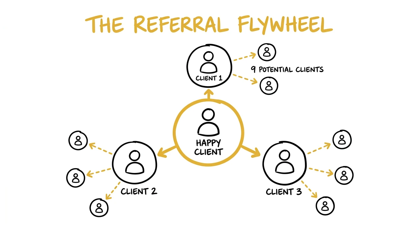 Referral flywheel diagram showing how one happy photography client generates 3 referrals and 9 potential new clients