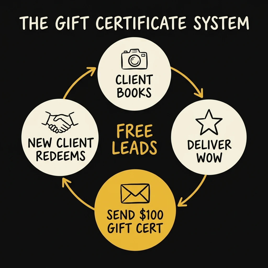 The gift certificate cycle for photography studios — 4-step loop from booking to delivering wow to sending a gift cert to gaining a new client