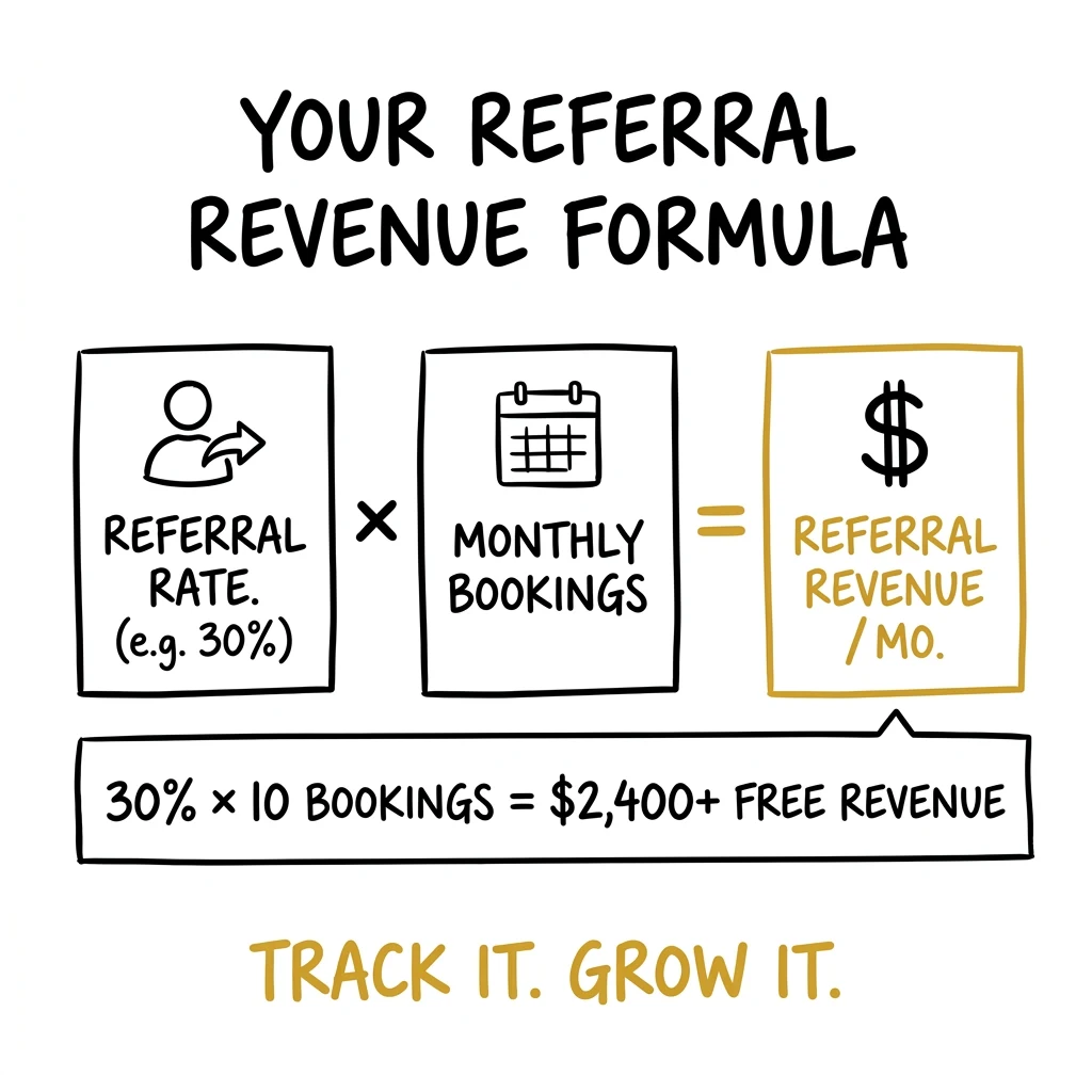 Referral revenue formula for photographers — referral rate times monthly bookings equals monthly referral revenue