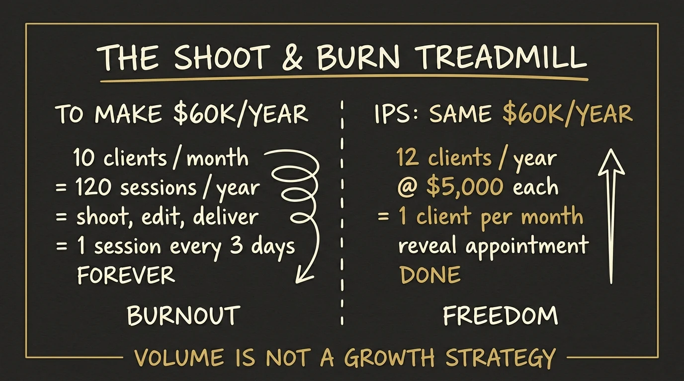the shoot and burn treadmill — 120 sessions per year to make $60k vs IPS 12 clients per year at $5,000 each for the same result