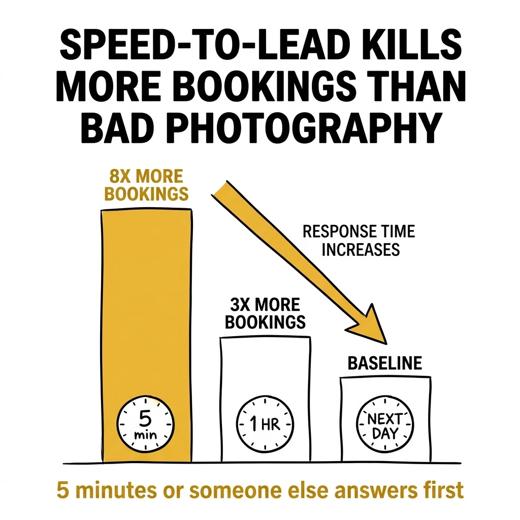 infographic showing speed-to-lead impact on photography bookings: 5 minutes = 8x more bookings