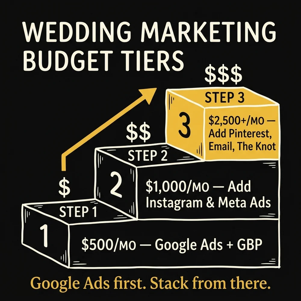 Wedding photographer marketing budget tiers: Starter ($0/month organic), Growth ($500/month), Scale ($2,000+/month)