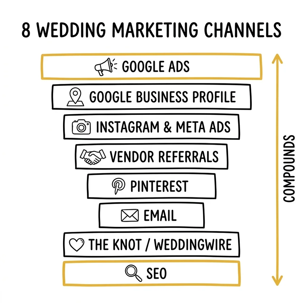 Wedding photography marketing channel matrix: comparing time to results vs lead quality for GBP, SEO, referrals, Instagram, Pinterest, The Knot, Meta Ads, and email