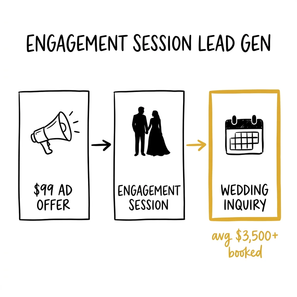Engagement session to wedding booking conversion funnel: Meta Ad → Lead Form → Session → Gallery → Wedding Booked