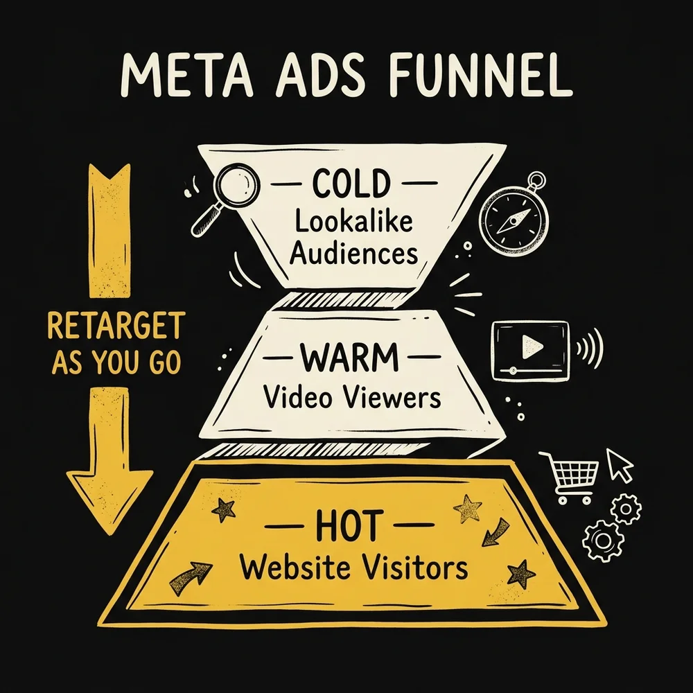 Meta Ads funnel for wedding photographers: Cold (emotional Reels) to Warm (social proof) to Hot (availability CTA)