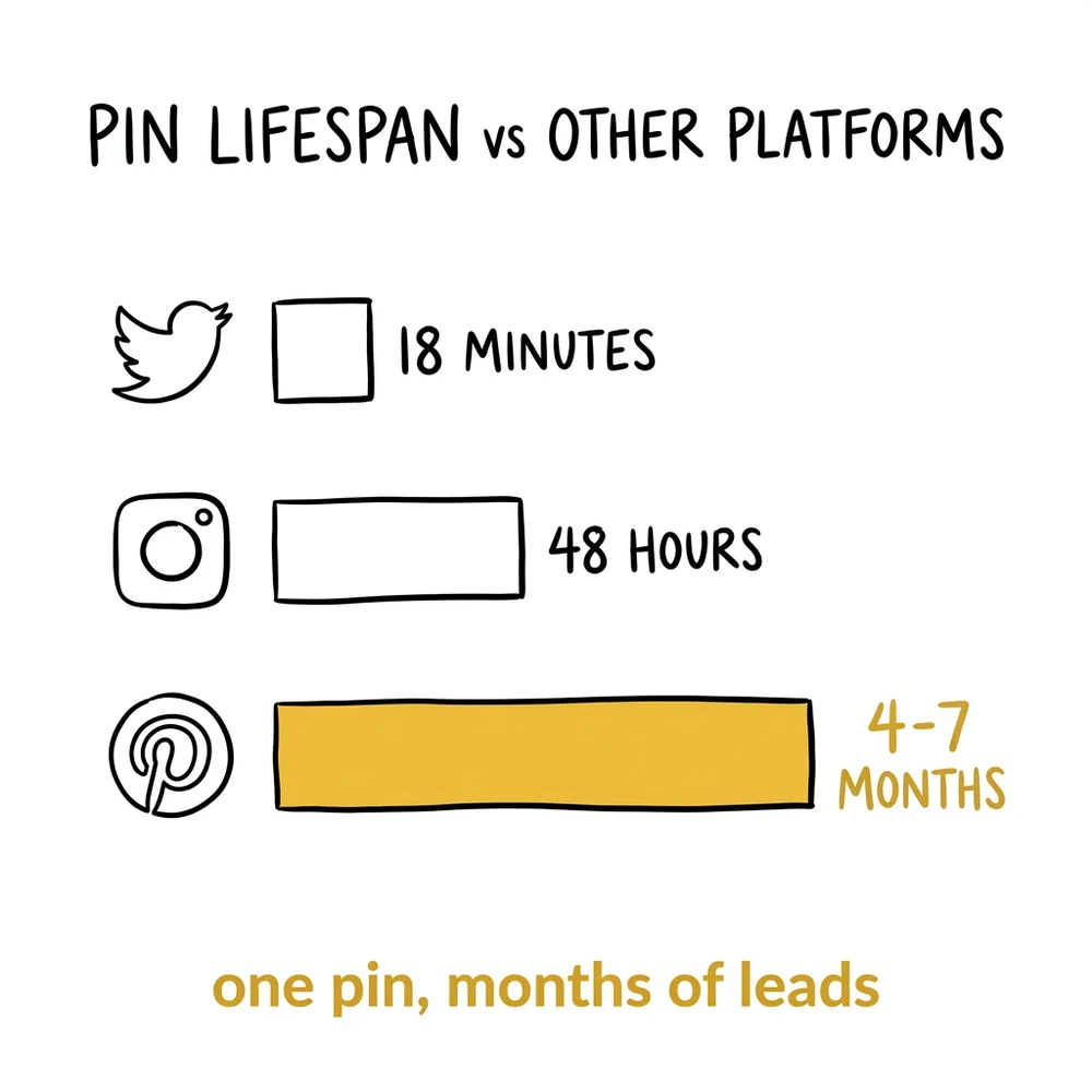Pinterest pin lifespan vs Instagram: pins live 18-24 months while Instagram posts last 48 hours