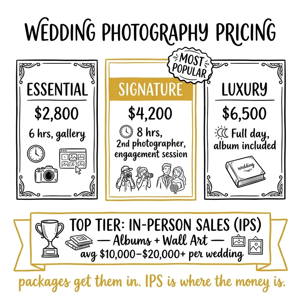 Price anchoring strategy for wedding photographers: lead with highest package to make middle package feel reasonable