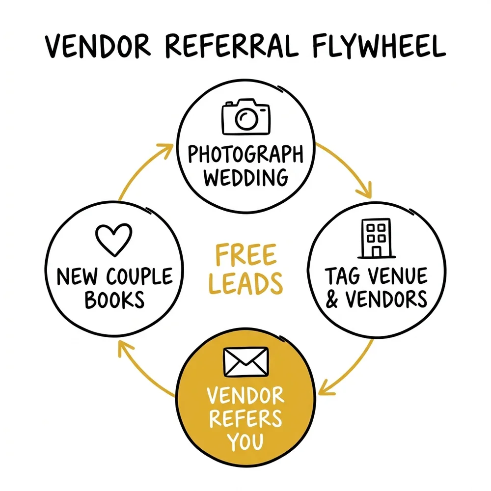 Wedding photography referral flywheel: shoot wedding → deliver WOW gallery → ask and reward referral → new couple inquires → book new wedding