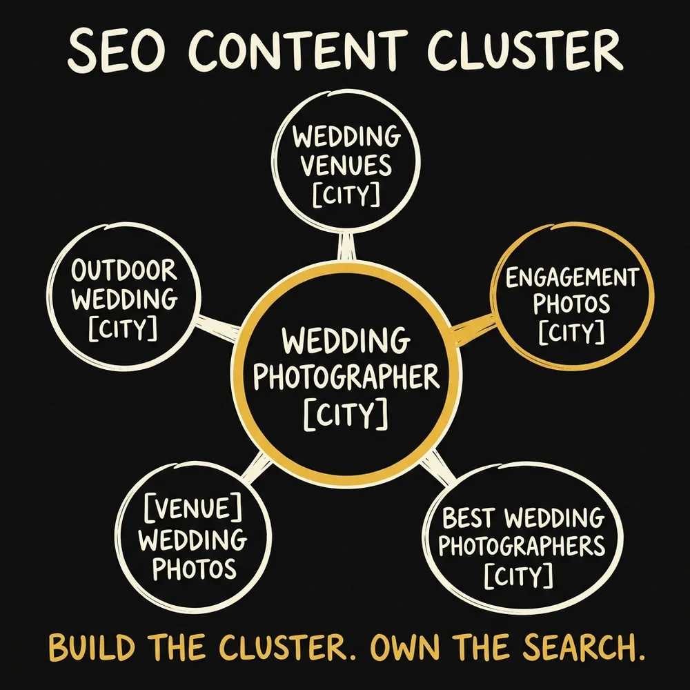 SEO content cluster for wedding photographers: pillar page connected to venue pages, location pages, and comparison content