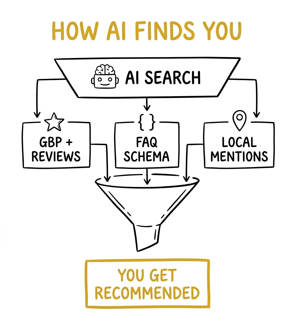How AI finds you — GBP reviews, FAQ schema, and local mentions feed into AI recommendations