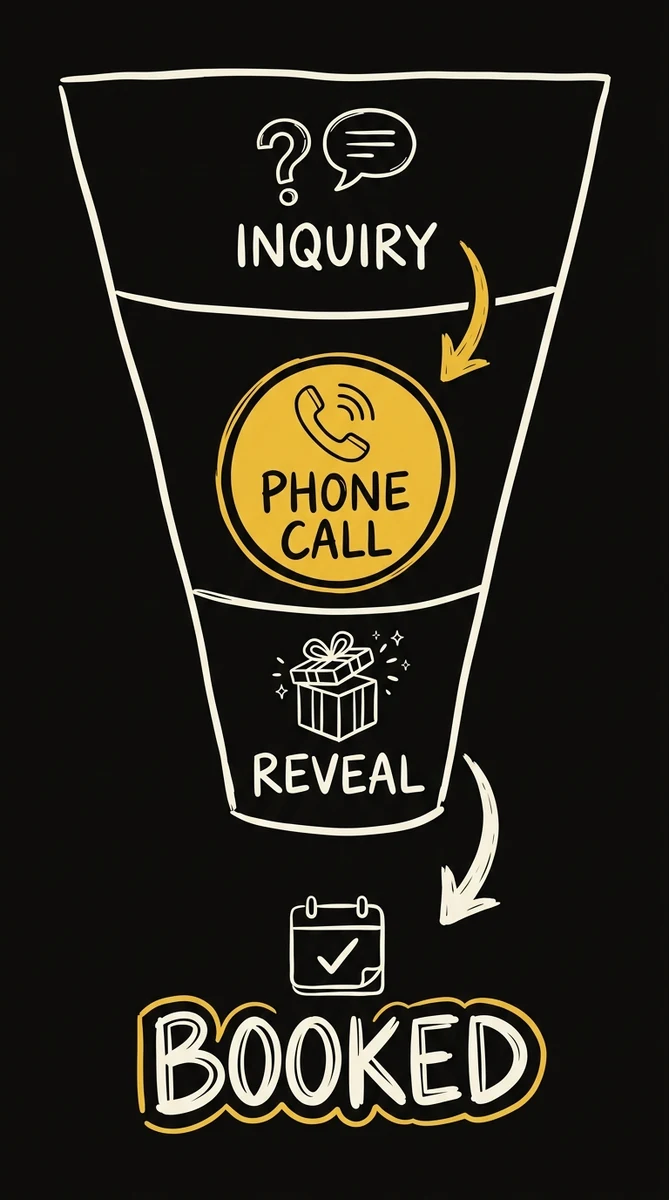 infographic: photography booking funnel from inquiry through phone call and reveal to booked session