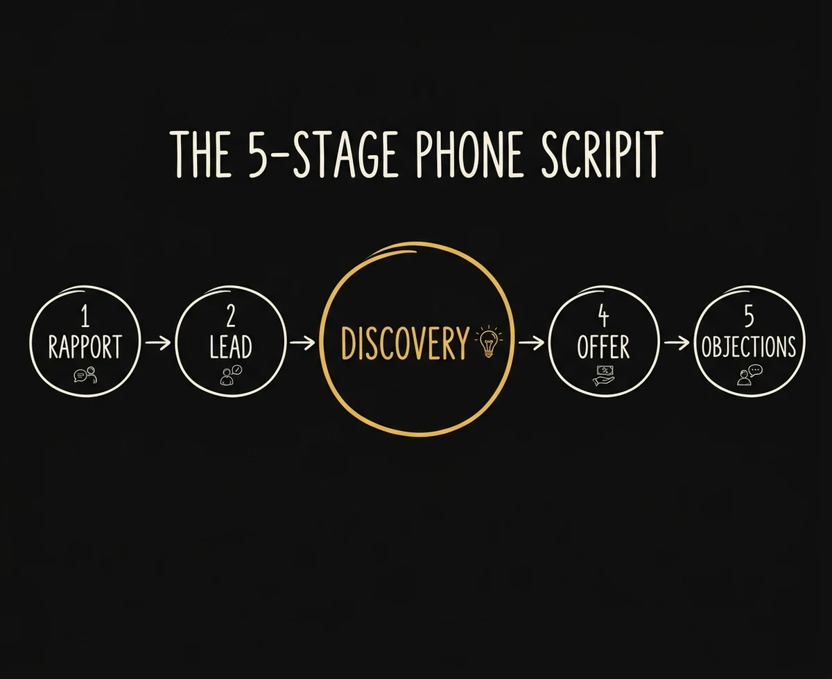 infographic: the 5-stage phone consultation script — rapport lead discovery offer objections