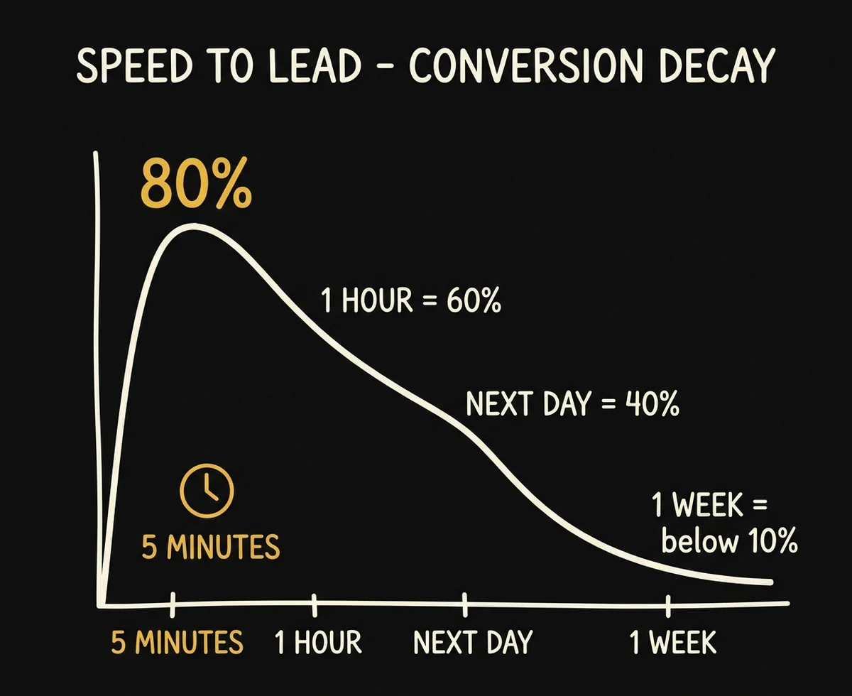 infographic: speed to lead conversion decay curve showing 80 percent at 5 minutes dropping to 40 percent by next day