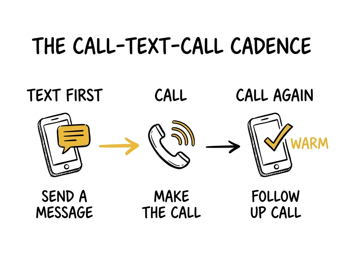 infographic: the call-text-call cadence — text first then call then call again