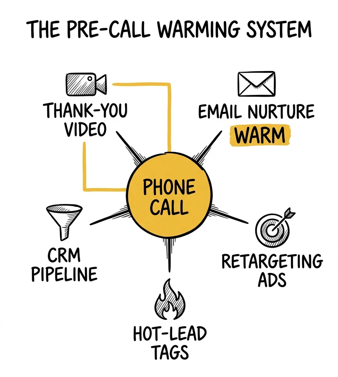 infographic: pre-call warming system diagram with thank-you video email nurture retargeting CRM pipeline feeding into the phone call