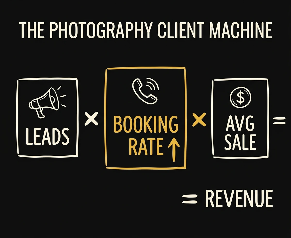 infographic: the Photography Client Machine formula — leads times booking rate times average sale equals revenue