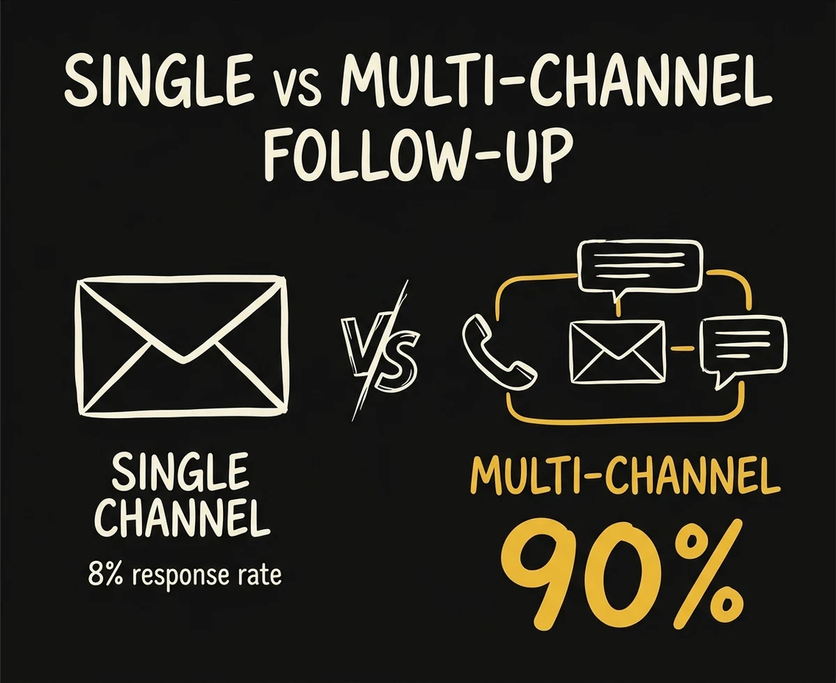 infographic: single channel follow-up at 8 percent response versus multi-channel at 90 percent response