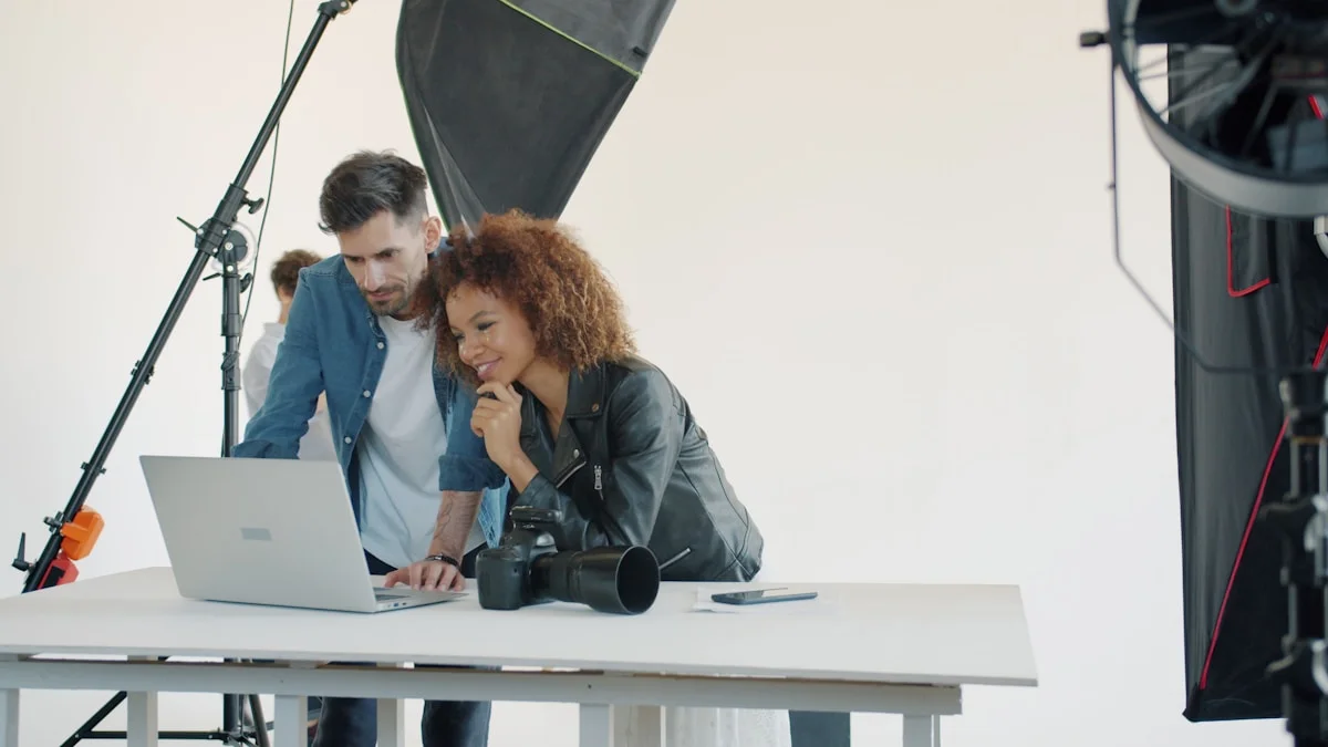 Photographer reviewing a client portfolio during a consultation session