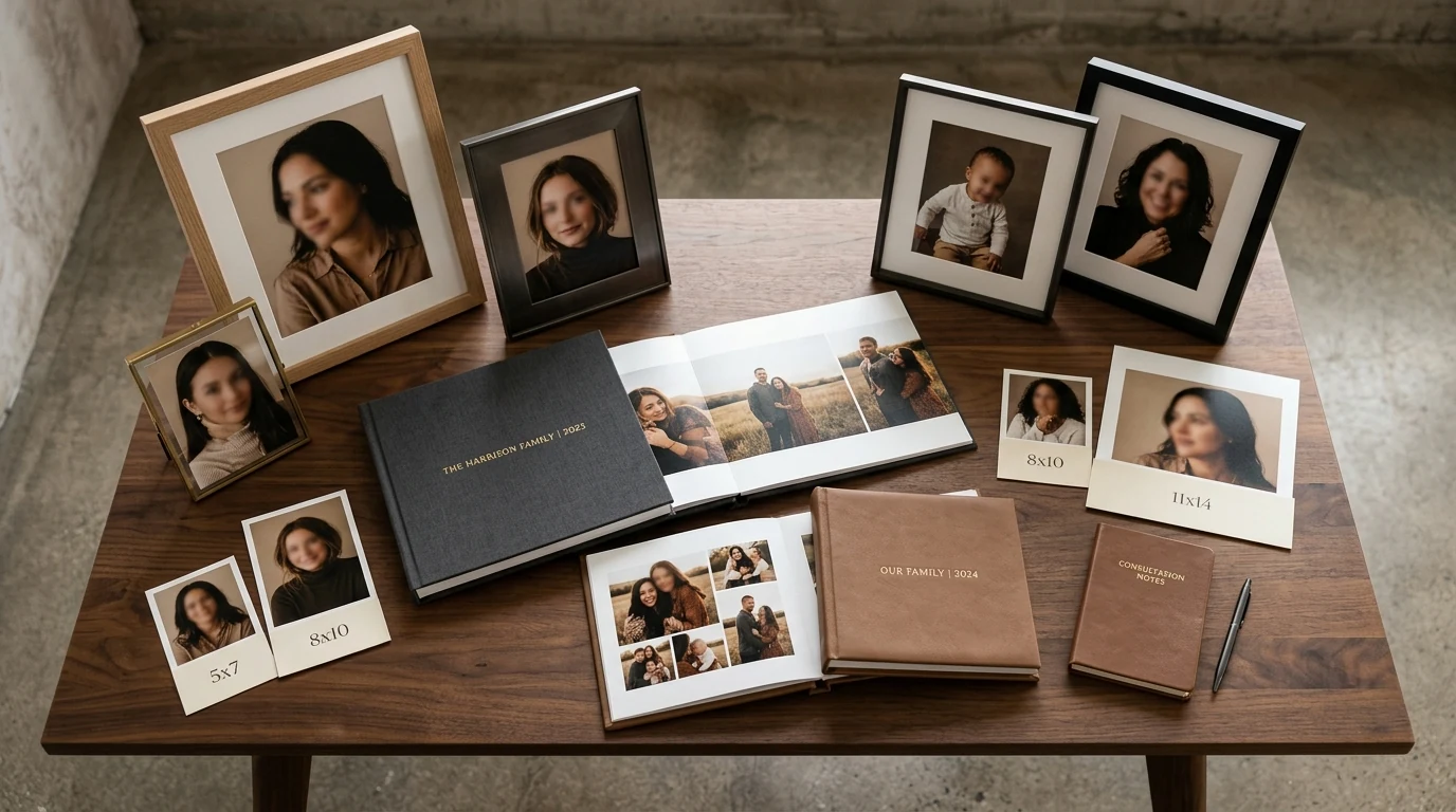 Fine art portrait prints and albums laid out on an ordering appointment consultation table