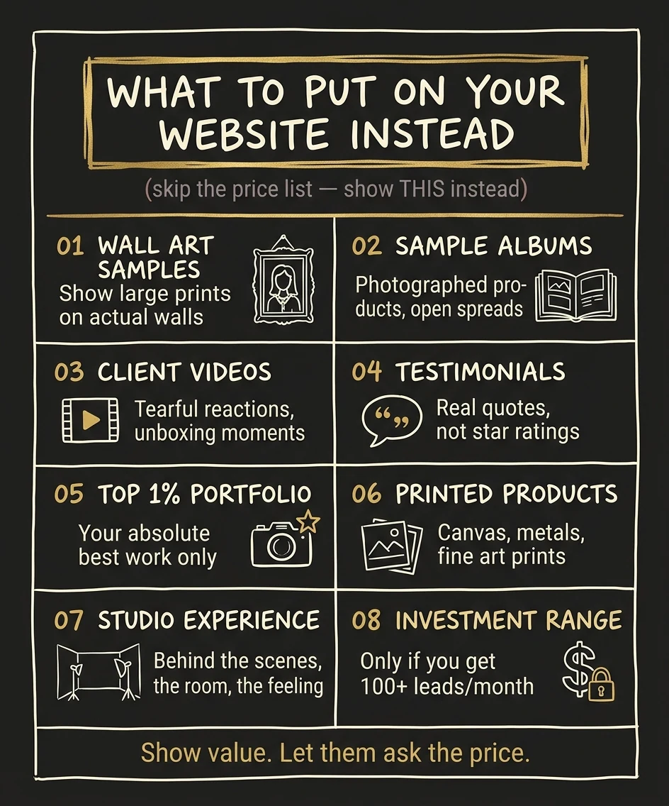 Infographic: What to put on your photography website instead of prices — wall art, albums, videos, testimonials, portfolio, printed products, studio experience