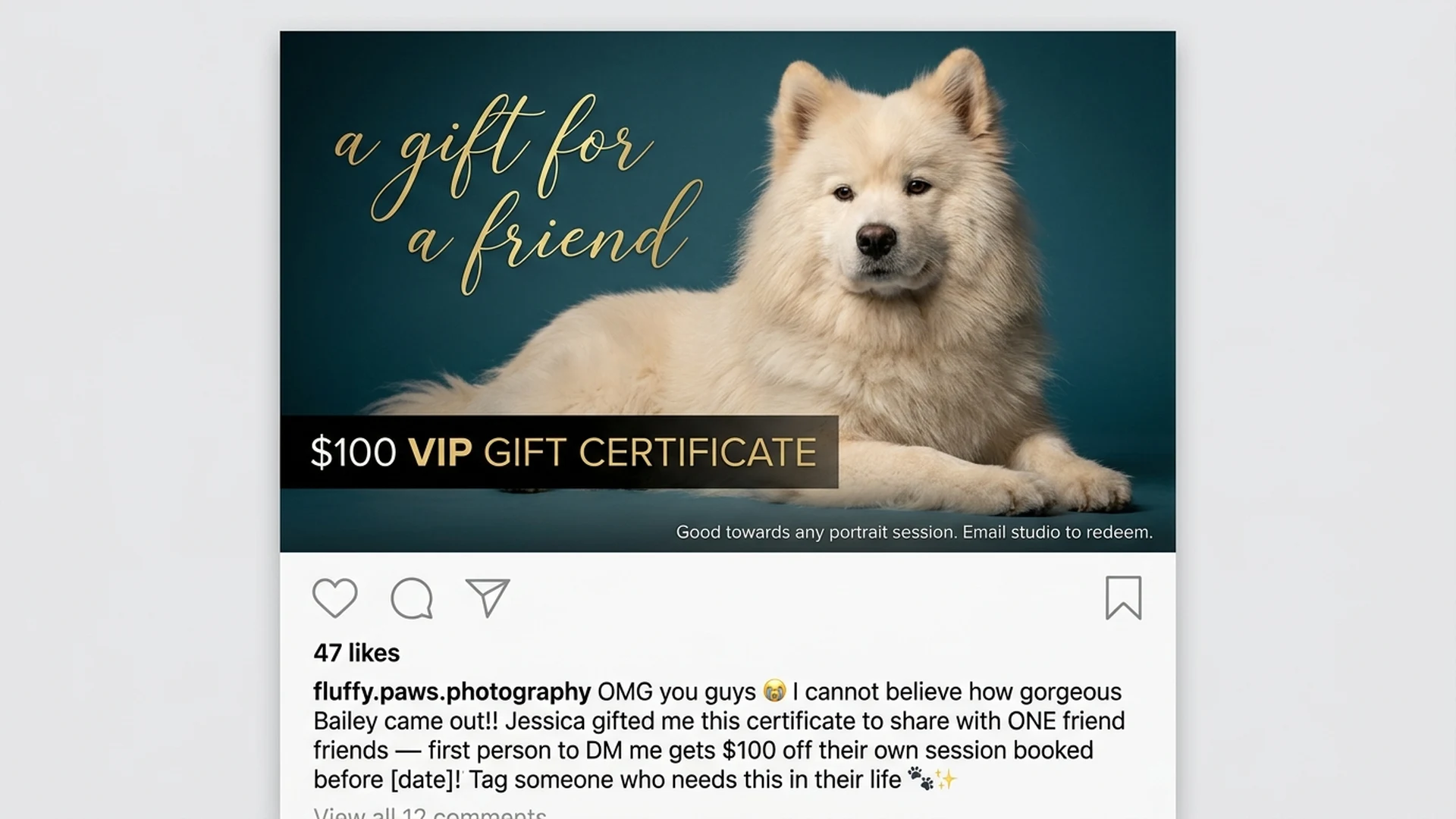 Client sharing a photography gift certificate on social media — the referral becomes a social post