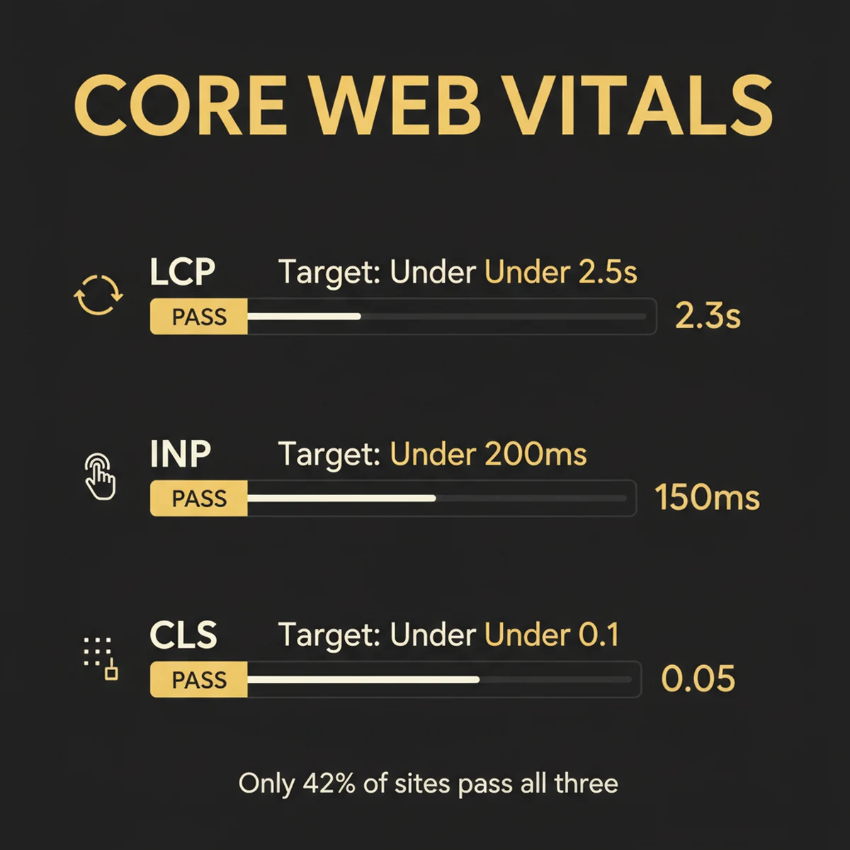 infographic: Core Web Vitals scorecard — LCP, INP, CLS thresholds for photographer websites