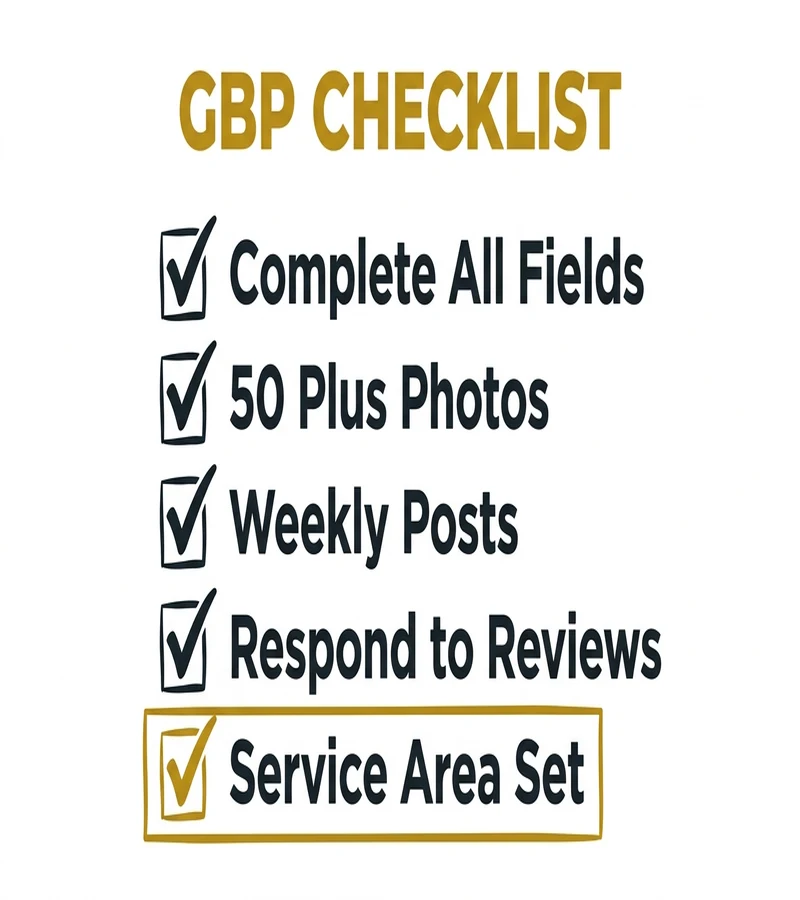 Google Business Profile optimization checklist showing profile completeness, photo uploads, review collection, and weekly posting for photographers