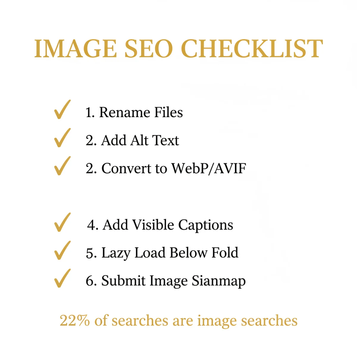 infographic: Image SEO checklist for photographers — rename files, add alt text, convert to WebP/AVIF, add visible captions, lazy load, submit image sitemap. 22% of searches are image searches.