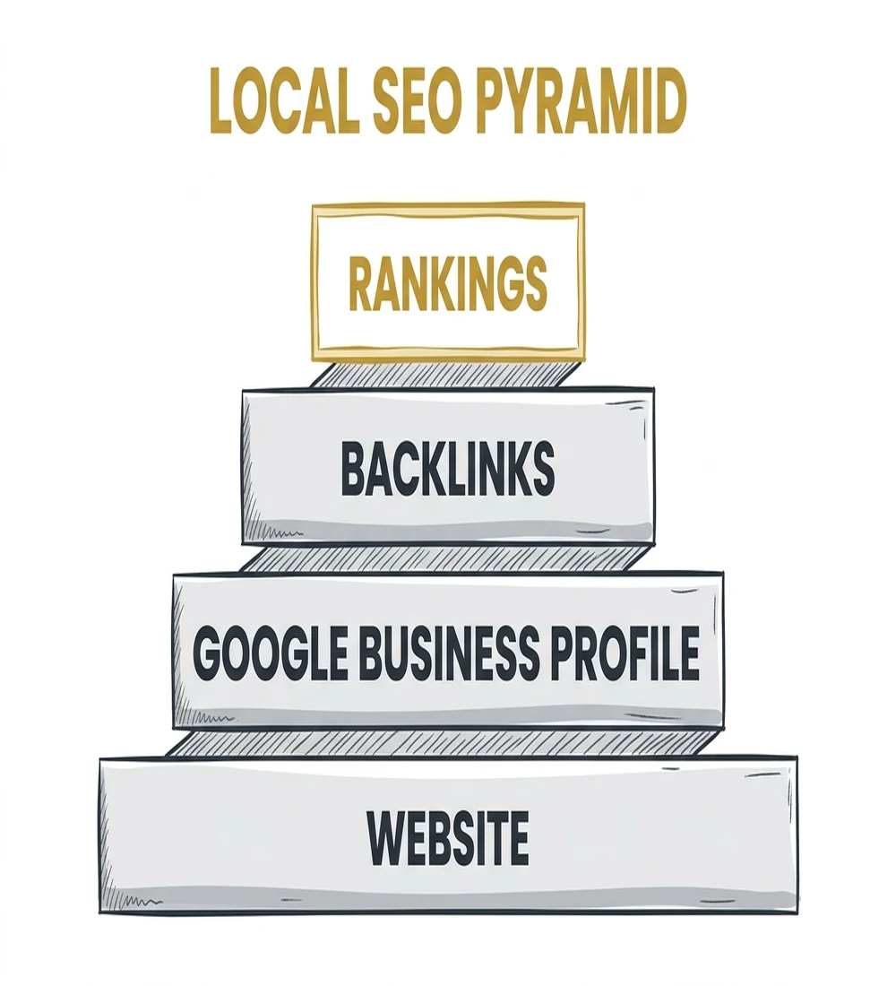 Local SEO pyramid — website, Google Business Profile, backlinks, and rankings