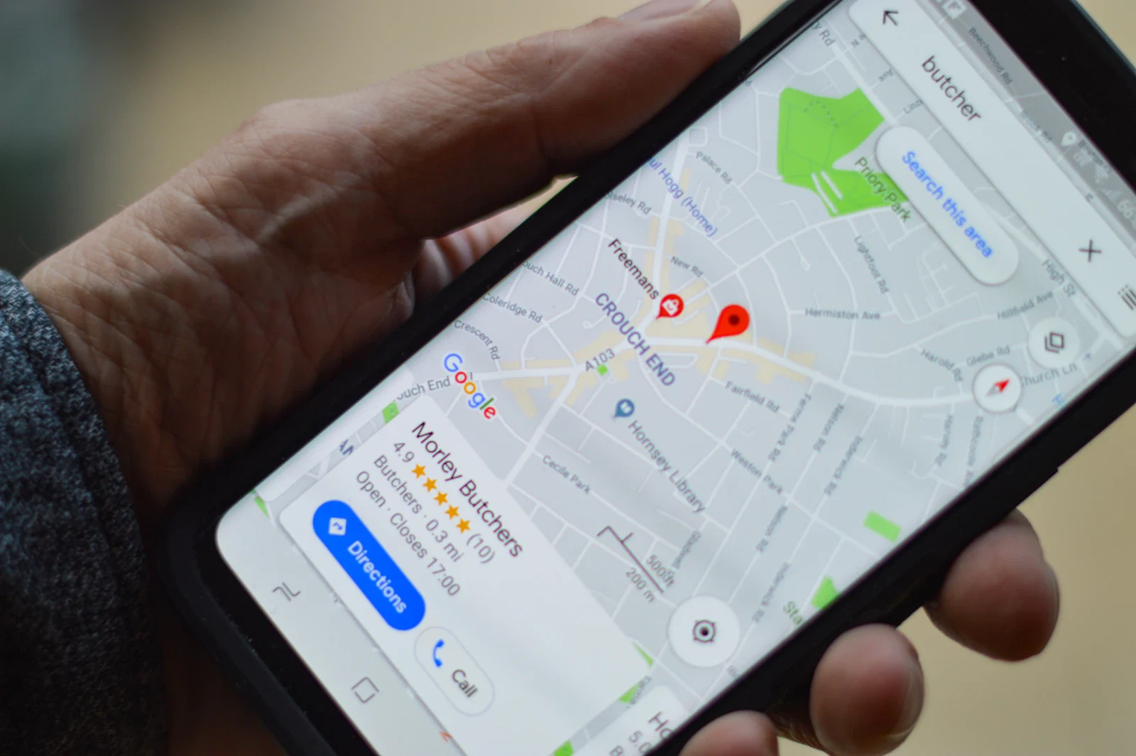 Google Maps local business search on phone — important for photographer SEO