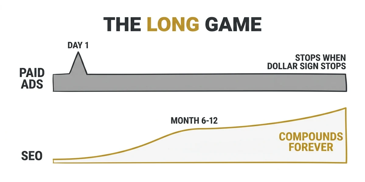 SEO vs paid ads timeline — SEO compounds over time while paid ads stop when budget stops
