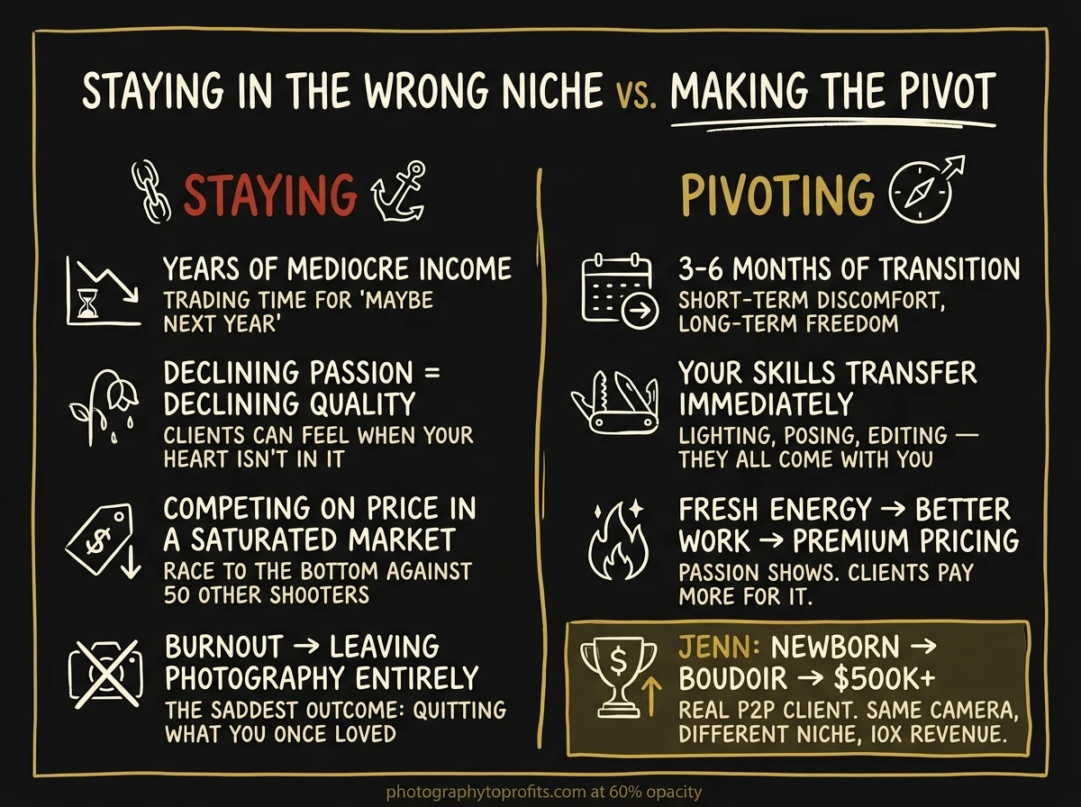 Staying in the wrong path vs making the pivot — comparison showing the real costs of staying stuck versus making a change.