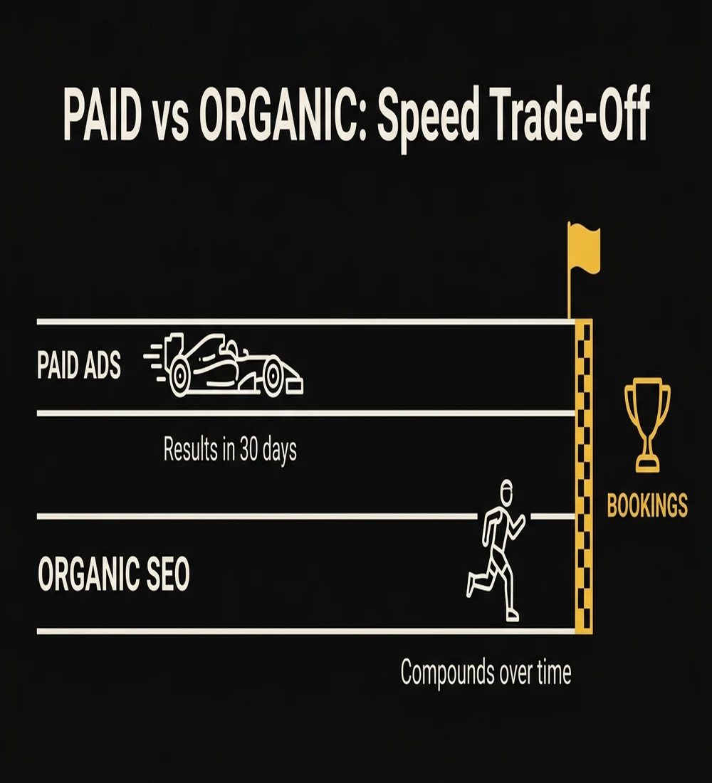 Paid ads vs organic SEO speed trade-off — paid delivers results in 30 days, organic compounds over time