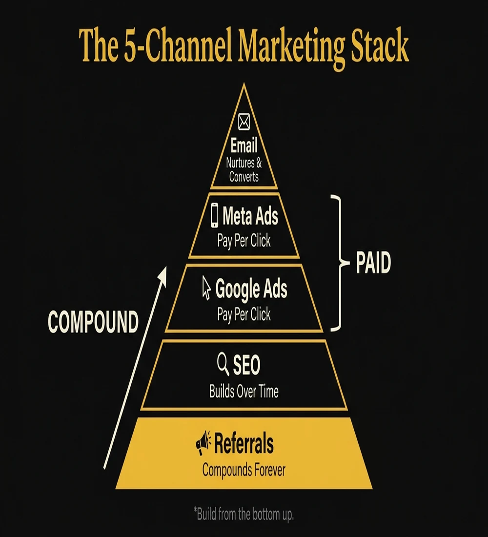 The 5-channel marketing stack pyramid showing referrals at base, SEO, Google Ads, Meta Ads, and Email at top