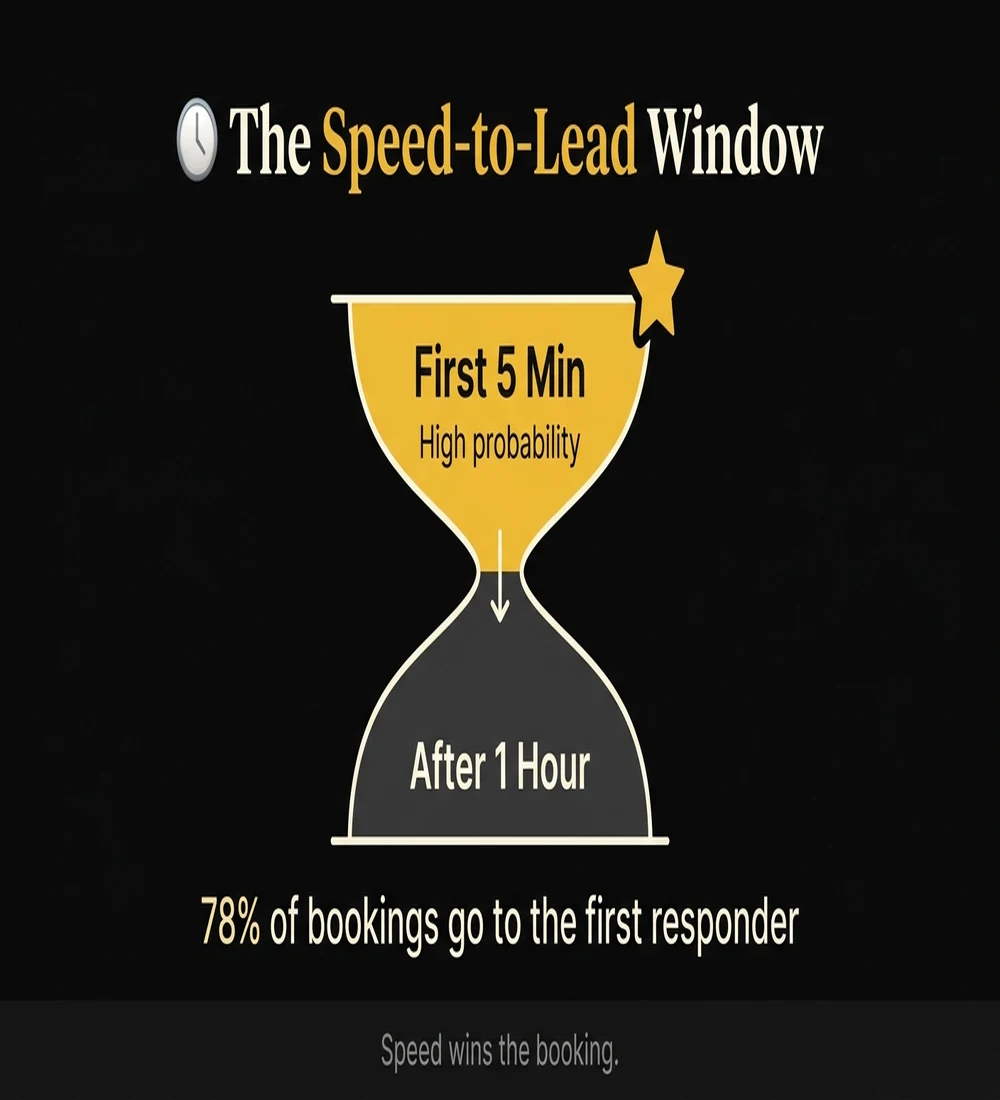 The speed-to-lead window hourglass: first 5 minutes vs after 1 hour, 78% of bookings go to the first responder